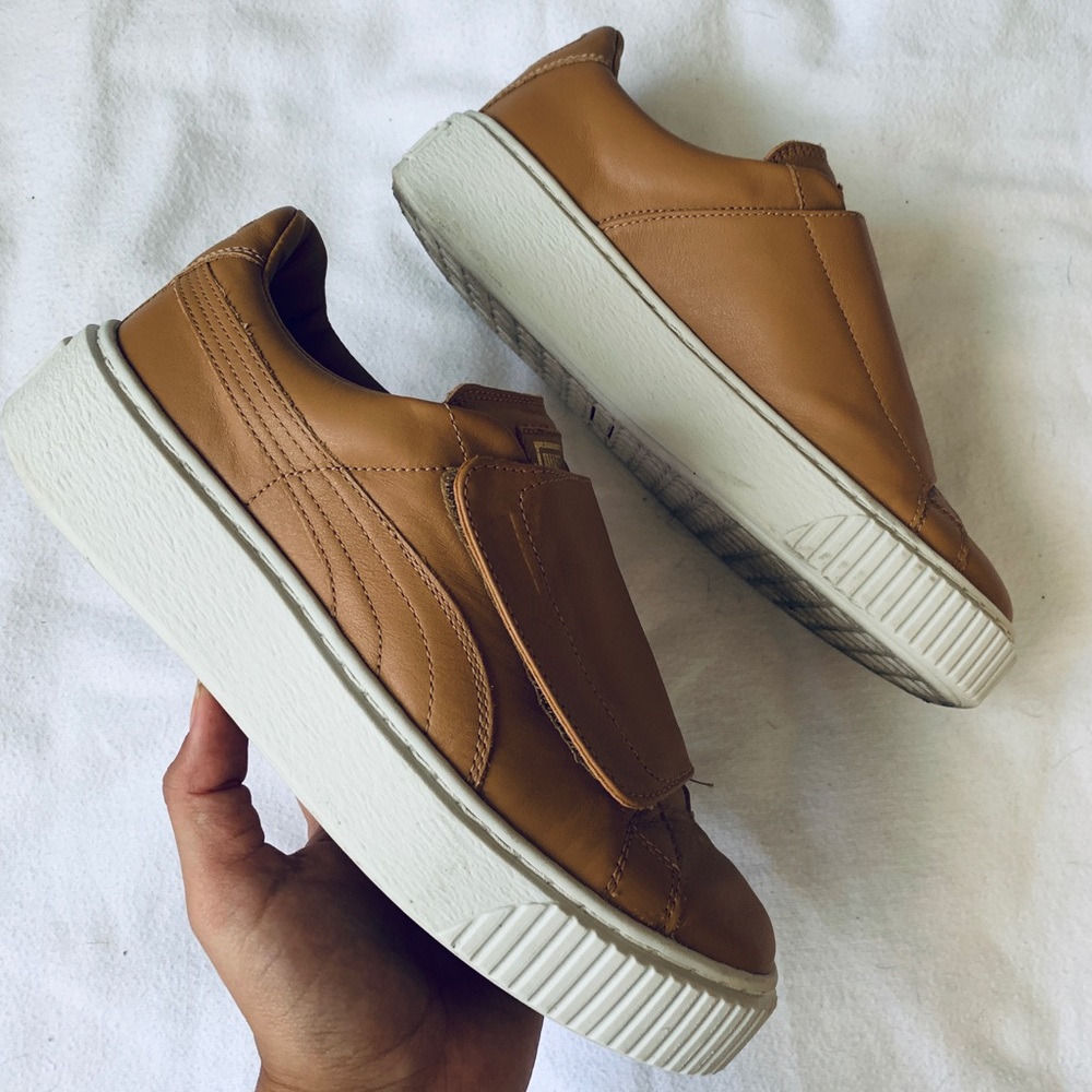 Tan leather Puma basket platform